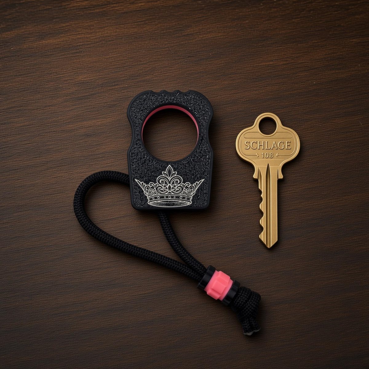 Purse Candy, black and Pink next to a house key