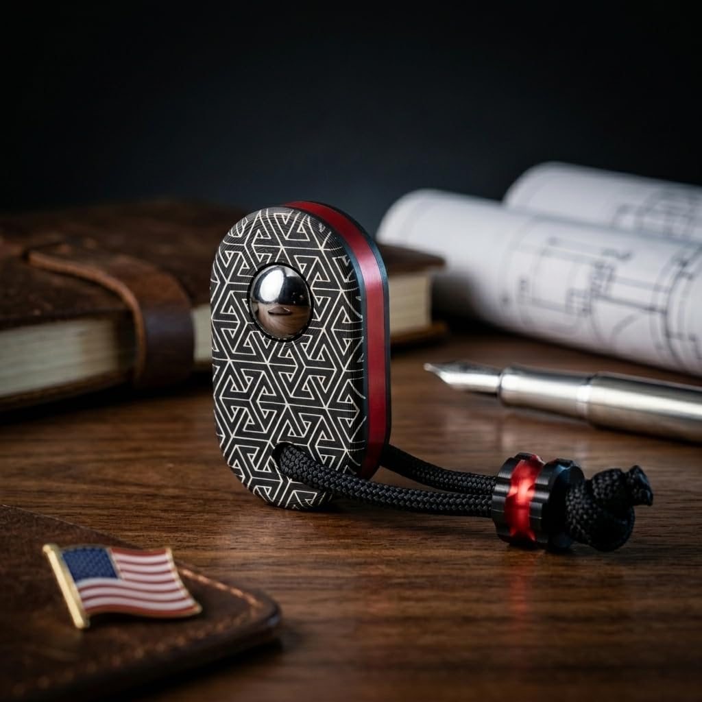 Roller Scroller Red Cubic thumb fidget with chrome steel ball on a desk
