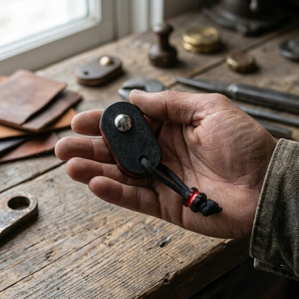 Roller Scroller, red Roller Scroller in hand at a workbench
