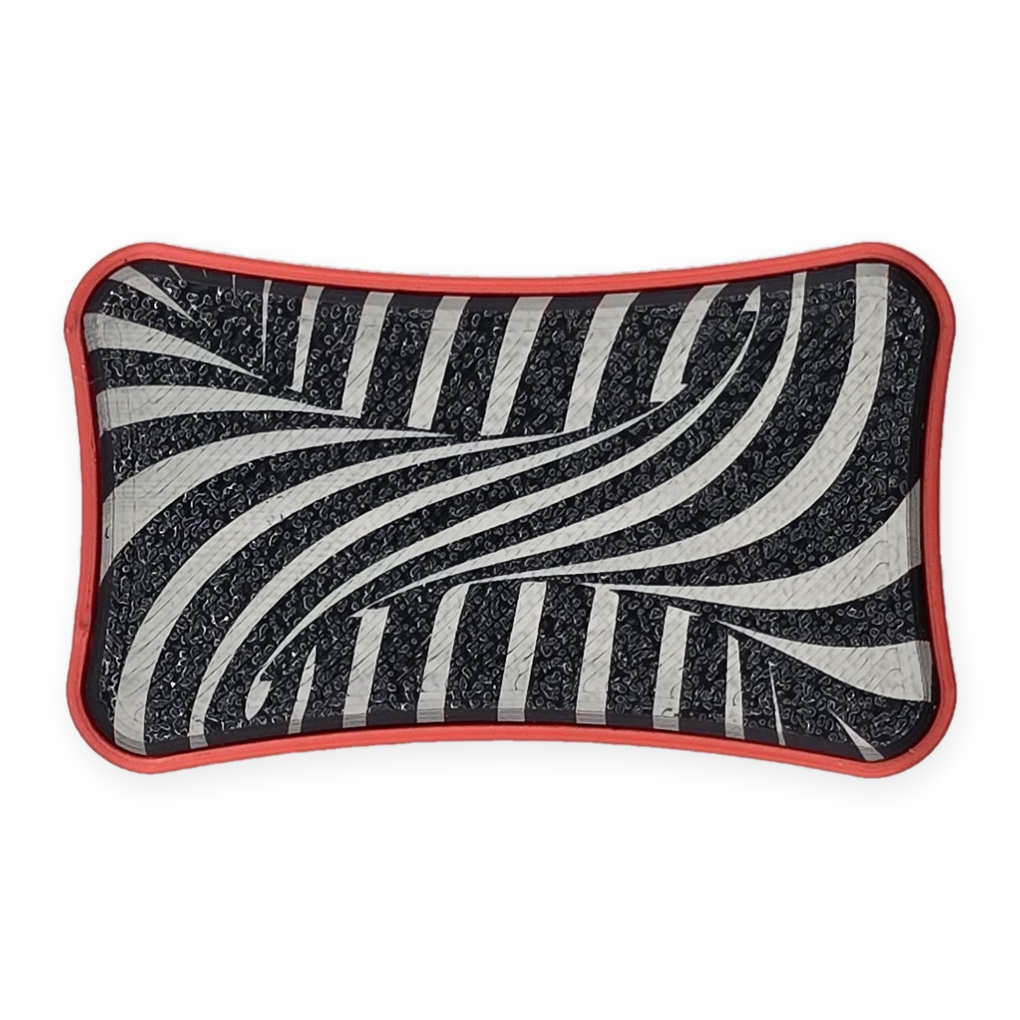 Vortex Slider magnetic fidget, laser-etched swirl lid on Metallic Red Silk base, top-down